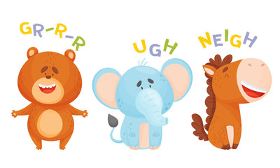 Cute Cartoon Animals Making Sounds Vector Illustrations Set