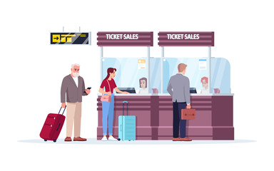 Ticket sales counter semi flat RGB color vector illustration. Airport terminal sell boarding passes. People on queue to reception desk. Tourists isolated cartoon character on white background