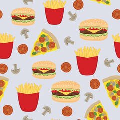 Fast food seamless pattern with fries, pizza, and hamburger