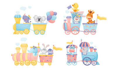 Fototapeta premium Funny Animals Holding Party Balloons Riding Locomotive Vector Set