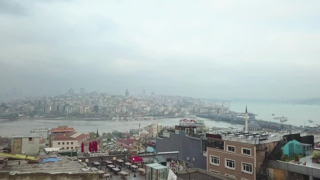 Istanbul Turkey on Foggy Winter Day, Aerial View of Both Side of Golden Horn and Galata Bridge