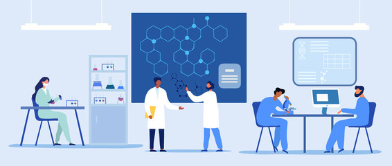 Panorama banner of a research laboratory with a diverse group of scientists working on research, microscope, testing and discussing a diagram of a molecule in blue tones, vector illustration