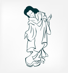 woman wind vector illustration japanese chinese ink line sketch style