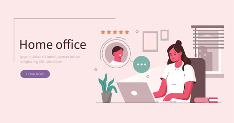 Woman Working at Home Office. Character Sitting at Desk in Cozy Room, Looking at Computer Screen and Talking with Colleagues Online. Home Office Concept.  Flat Cartoon Vector Illustration.