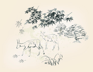 deer vector card japanese chinese nature ink illustration engraved sketch traditional textured