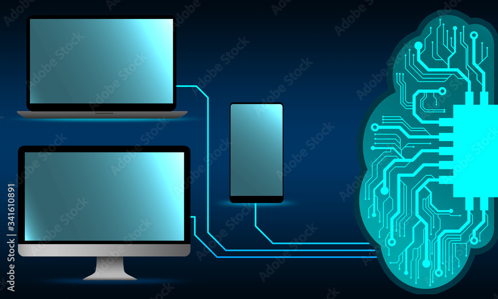 Poster digital brain and artificial thinking process concept