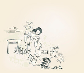 woman kimono walk vector card japanese chinese nature ink illustration engraved sketch traditional textured