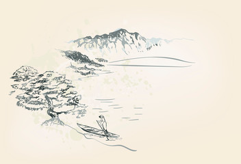 boat view vector card japanese chinese nature ink illustration engraved sketch traditional textured