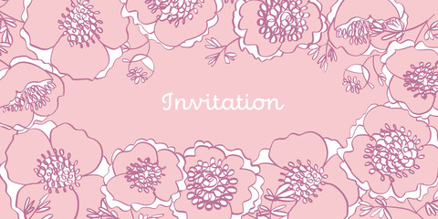 Tender pale rosy color line-art peony flowers