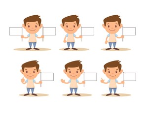 The cute boy show Hand symbol and flag. Vector flat design illustration.