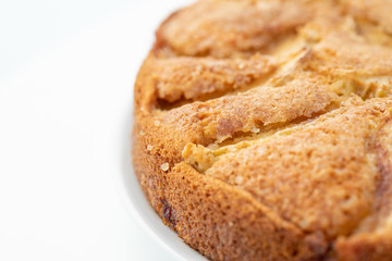 details of fresh baked apple pie on white background