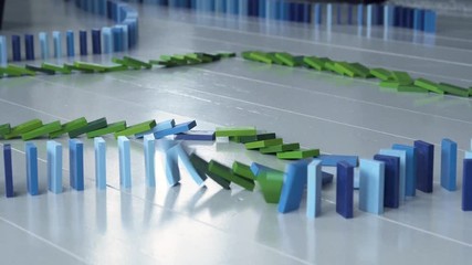 Long dominoes line falling down, blue and green domino blocks