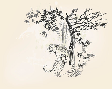 tiger bamboo vector card japanese chinese nature ink illustration engraved sketch traditional textured