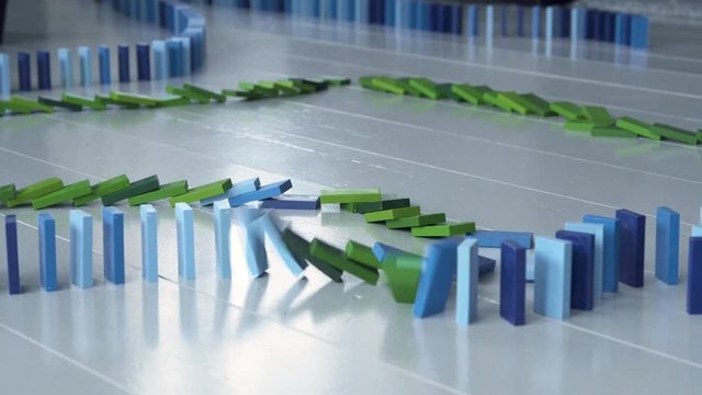 Long dominoes line falling down, blue and green domino blocks