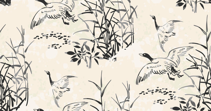 ducks fly vector japanese chinese nature ink illustration engraved sketch traditional textured seamless pattern