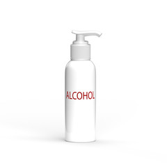 Hand sanitizer gel bottle and dispenser. Alcohol is the inscription in red letters. 3D render. White bottle on white.