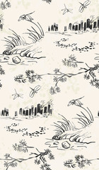 dragonfly riverside vector japanese chinese nature ink illustration engraved sketch traditional textured seamless pattern