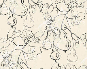 gourd pumpkin vector japanese chinese nature ink illustration engraved sketch traditional textured seamless pattern