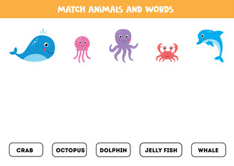 Matching words game for kids. Cute cartoon sea animals.