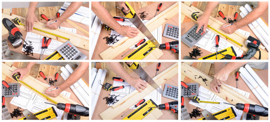 man made a piece of furniture with various carpentry tools