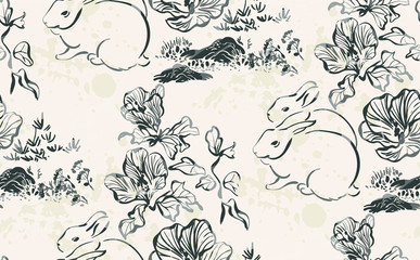 rabbit cute flower vector japanese chinese nature ink illustration engraved sketch traditional textured seamless pattern