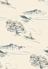 boot uitzicht vector japans chinees natuur inkt illustratie gegraveerd schets traditioneel structuur naadloos patroon