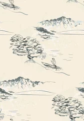Fotobehang Bergen boot uitzicht vector japans chinees natuur inkt illustratie gegraveerd schets traditioneel structuur naadloos patroon