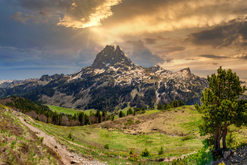 view of Pic du Midi Ossau in springtime, french Pyrenees
