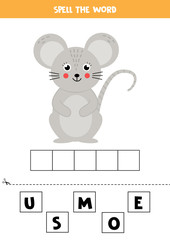 Spelling game for children. Cute cartoon mouse.