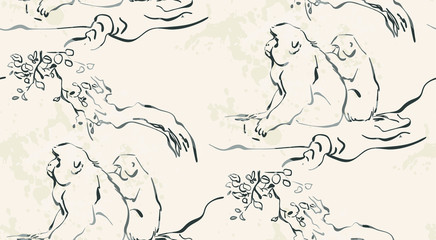 monkey forest vector japanese chinese nature ink illustration engraved sketch traditional textured seamless pattern © CharlieNati
