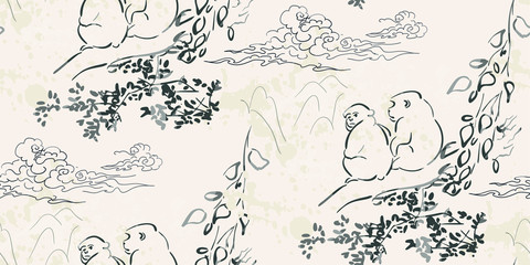 monkey forest vector japanese chinese nature ink illustration engraved sketch traditional textured seamless pattern © CharlieNati