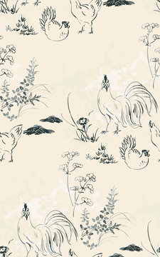 chicken cock vector japanese chinese nature ink illustration engraved sketch traditional textured seamless pattern