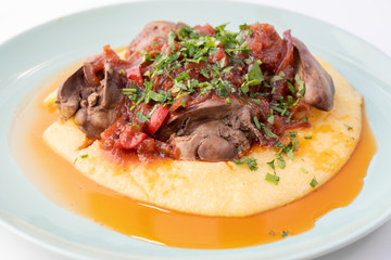 close up of home made chicken liver with polenta