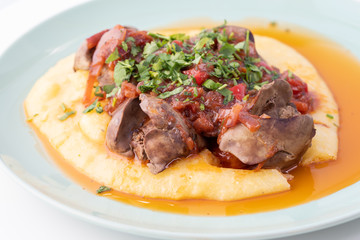 close up of home made chicken liver with polenta