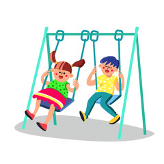 Cute Kids Having Fun On Swing In Playground Vector
