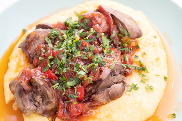 close up of home made chicken liver with polenta