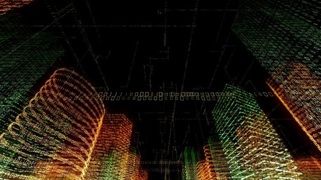Abstract virtual city inside a computer system. Hologram 3D Big Data Digital City. Digital buildings with a binary code particles network. Technological and connection motion background. Looped