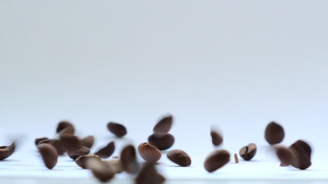 Coffee beans fall on white background, slow shooting