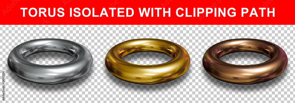 Poster 3d rendering design. new torus logo on white background with clipping path. set of realistic ring in