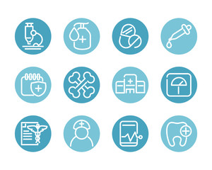 Fototapeta premium medical and health care equipment assistance icon set block style