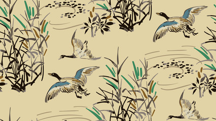 eenden vliegen vector japans chinees natuur inkt illustratie gegraveerd schets traditionele structuur naadloze patroon kleurrijk aquarel