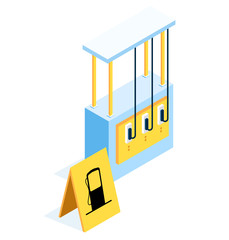 Vector isometric blue Gas Station with yellow banner illustration. Fuel, hoses for a set of gasoline, a sign with the name of the gas station
