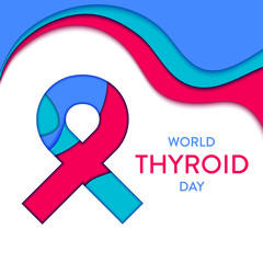 Thyroid awareness month poster. Teal, pink and blue ribbon made in 3D paper cut and craft style on white background. Endocrine system disorder. Medical concept. Vector illustration.