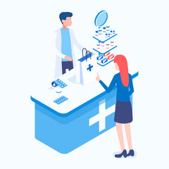 Obraz na płótnie Canvas Landing concept of a blue pharmacy with seller. banner Various medicines and medicines for colds isometric vector illustration