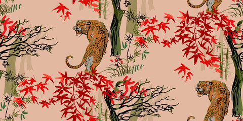 tiger vektor japanisch chinesisch natur tinte illustration gravierte skizze traditionelles strukturiertes nahtloses muster buntes aquarell
