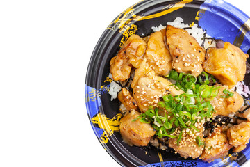 Japanese grilled chicken rice and Japanese steamed rice in a box for lunch
