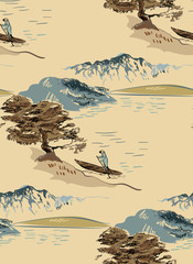 bateau vue vecteur japonais chinois nature encre illustration gravé croquis traditionnel texturé transparente motif coloré aquarelle