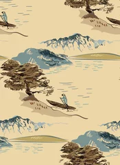 Keuken foto achterwand Bergen boot uitzicht vector japans chinees natuur inkt illustratie gegraveerd schets traditionele structuur naadloze patroon kleurrijk aquarel