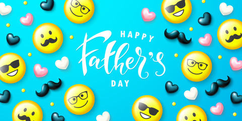 Happy father's day banner.Emoticons with glasses and mustache. Template design for postcard, flyer,poster, invitation.Vector illustration
