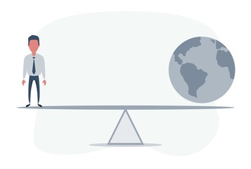 Man in balance with Earth globe. Vector flat design illustration.